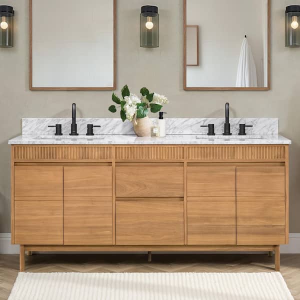Kayla 73 in. Double Sink Natural Teak Bath Vanity with Carrara White Marble Top
