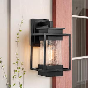 Aleena 1-Light Satin Black Aluminum Industrial Outdoor Hardwired Waterproof Lantern Wall Sconce with Crackle Glass