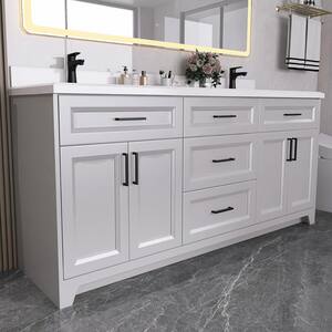 72 in. W x 22 in. D x 35 in. H Double Sink Freestanding Bath Vanity in Gray Carrara White Marble Top and White Basin