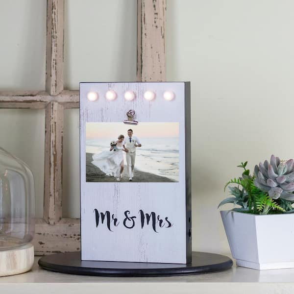 LED 4 in. x 6 in. Photo White Matte Lighted Mr & Mrs Wedding Day Picture Frame with Clip