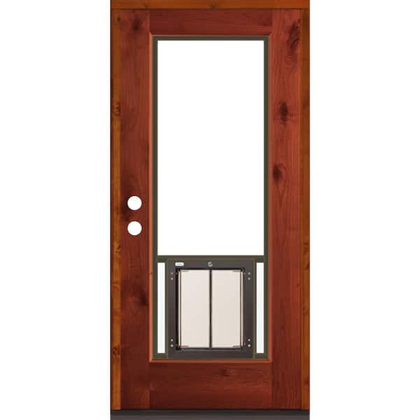 Krosswood Doors 36 in. x 80 in. Right-Hand/Inswing Full Lite Clear Glass Red Chestnut Stain Wood Prehung Front Door with Large Dog Door
