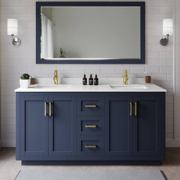 Wyndham Collection Miranda 66 in. W x 22 in. D x 33.75 in. H Double Bath Vanity in Dark Blue with White Quartz Top and 58 in. Mirror
