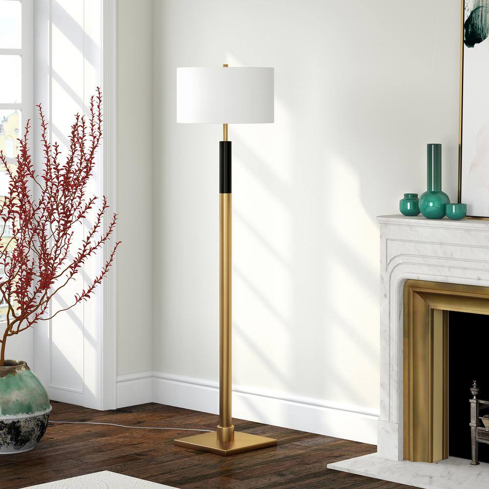 Brass and Black Adjustable Floor Lamp with Drum Shade