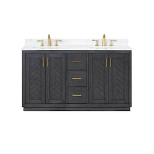 Gazsi 60 in. W x 22 in. D x 34 in. H Bath Vanity in Brown Oak with Grain White Composite Stone Top