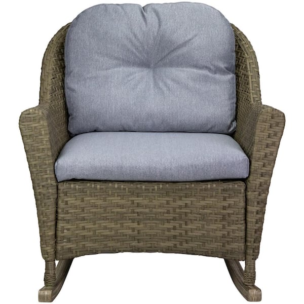 Northlight 34 in. Gray Resin Wicker Deep Seated Outdoor Rocking Chair with Gray Cushions