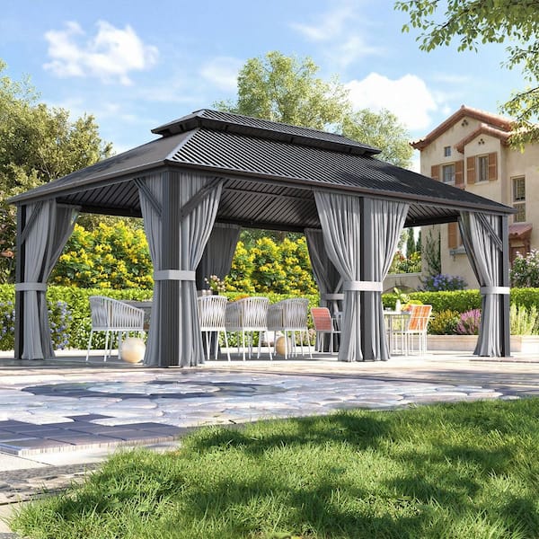 12 ft. x 20 ft. Hardtop Gazebo with Aluminum Frame, Galvanized Steel Double Roof Gazebo with Nettings and Curtains
