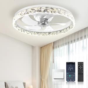 20 in. Indoor Modern White Crystal Flush Mount Ceiling Fan with Light, Dimmable Small LED Ceiling Fan