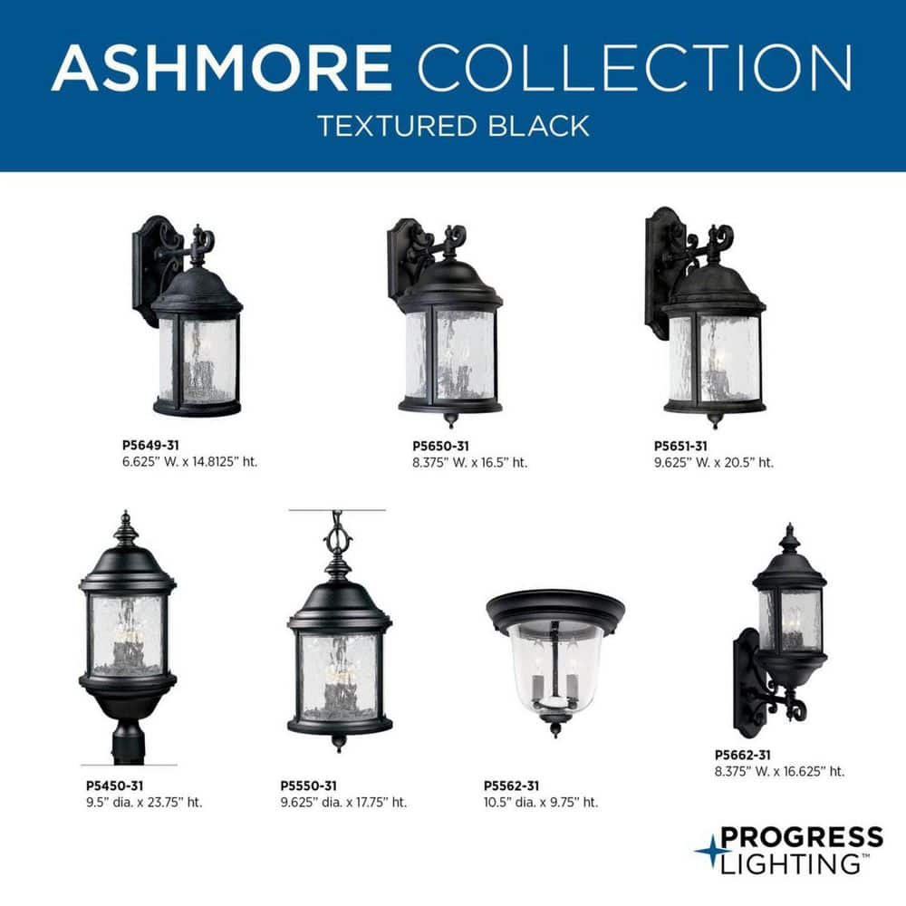 Progress Lighting, Ashmore, 3-Light Post Lantern, Textured Black, Water Seeded Glass, Shade Included