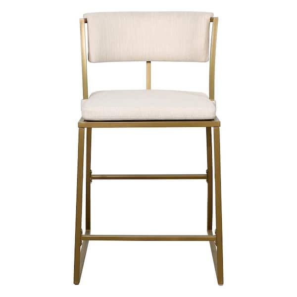 Mina 25 in. Antique Brass Mid-Back Metal Counter-Height Bar Stool with Upholstered Cream Seat, 1-Stool