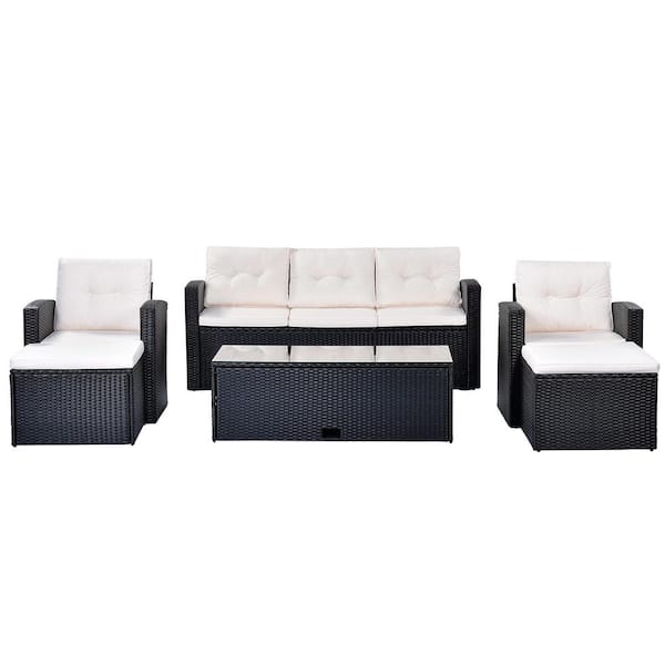 ANGELES HOME 6-Piece Wicker Patio Conversation Set with Beige Cushion and Ottoman, Coffee Table