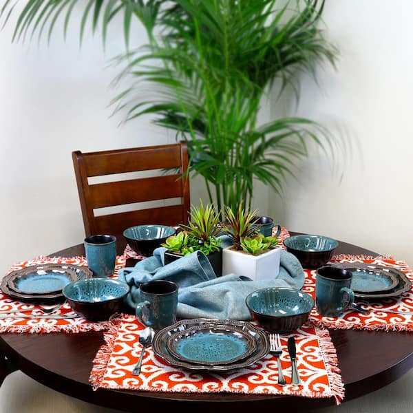 Mystic Waves 16-Piece Modern Blue Stoneware Dinnerware Set (Service for 4)