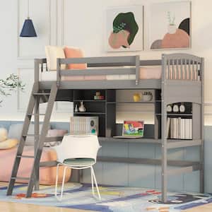Gray Twin Loft Bed with Desk and Shelves, Wooden Loft Bed Frame for Kids, Loft Bed with Ladder and Safety Guardrail