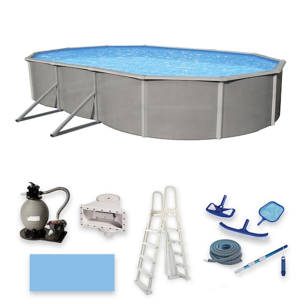 Belize 12 ft. x 24 ft. Oval x 52 in. Deep Metal Wall Above Ground Pool Package with 6 in. Top Rail