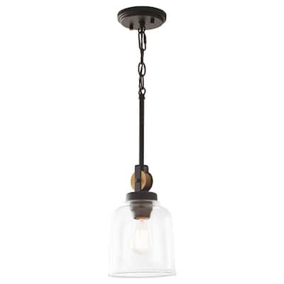 Knollwood 7 in. 1-Light Blackened Bronze Industrial Mini Pendant Light with Vintage Brass Accents & Clear Glass Shade