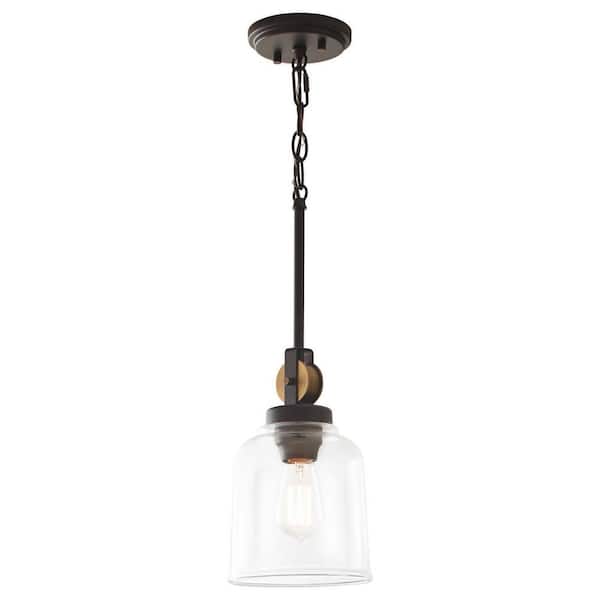 Home Decorators Collection Knollwood 7 in. 1-Light Black Bronze Vintage Brass Accents Industrial Mini Pendant Light for Kitchen Bulb Included