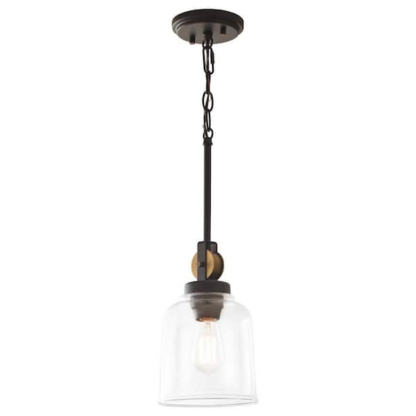 Knollwood 7 in. 1-Light Black Bronze Vintage Brass Accents Industrial Mini Pendant Light for Kitchen