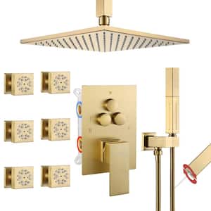 Single Handle 3-Spray Shower Faucet 1.8 GPM 10 in. Square Ceiling Mount with Pressure Balance in Brushed Gold with 6-Jet