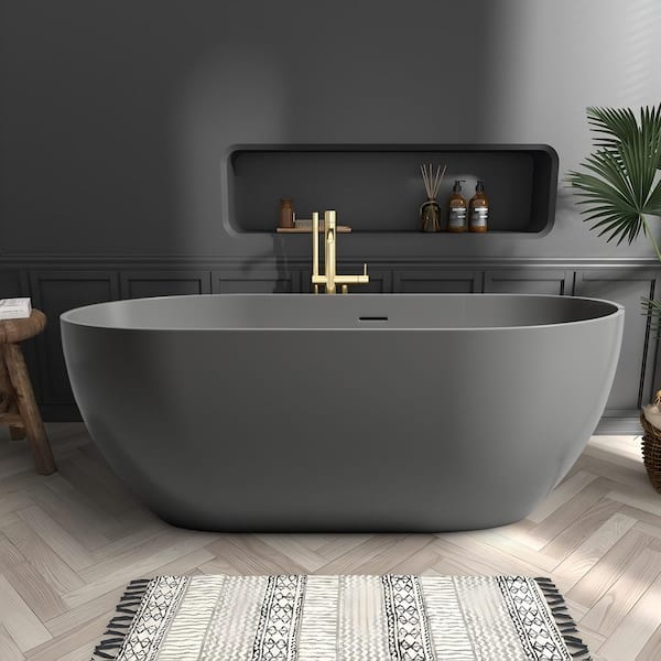 UPIKER Exquisite 59 in. x 29.5 in. Soaking Gray Solid Surface Bathtub with Center Drain in Gray