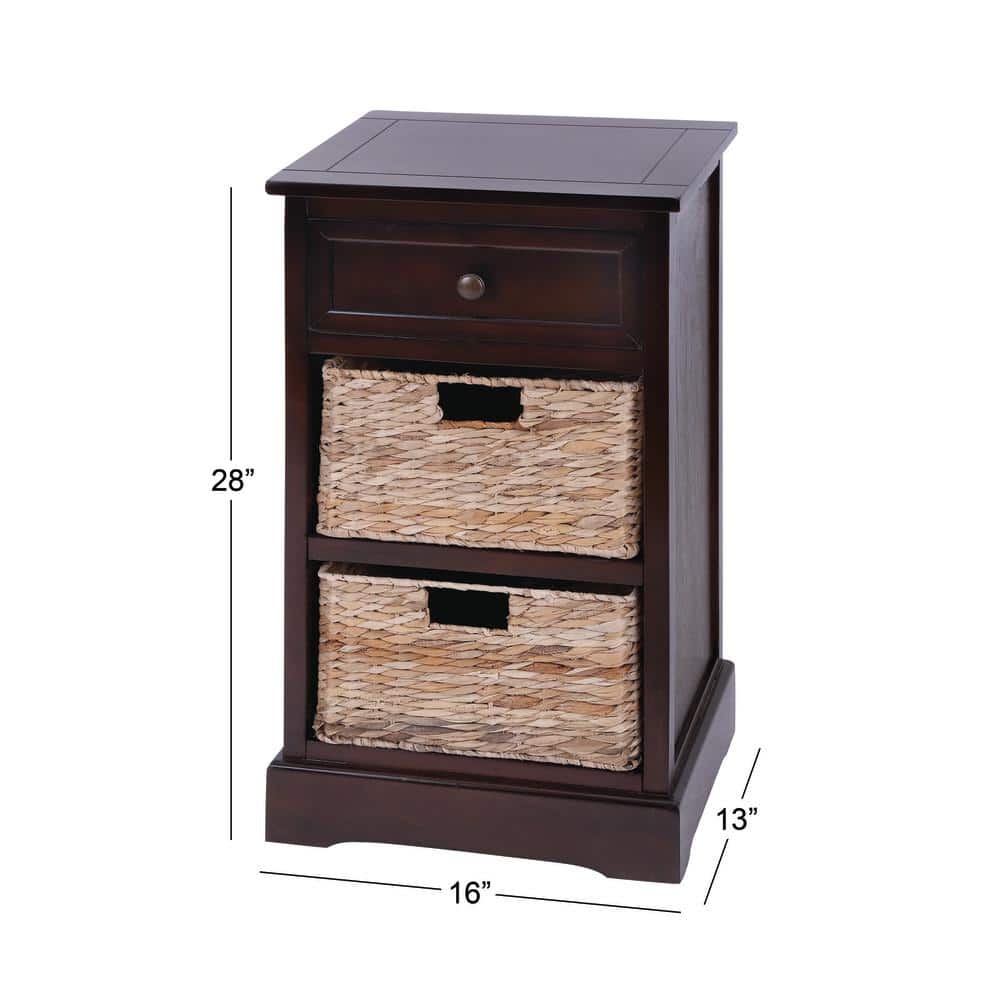 Elegant Brown Wooden Side Chest with Wicker Drawers - 33" x 20.5"