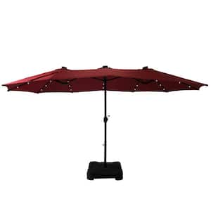 15 ft. Extra-Large Outdoor Market Double-Sided Patio Umbrella with Base and Solar LED in Red