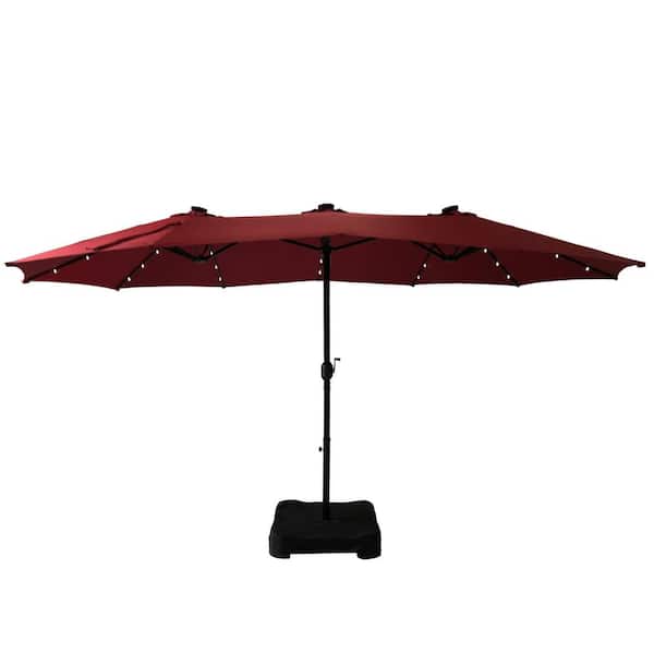 Boyel Living 15 ft. Extra-Large Outdoor Market Double-Sided Patio Umbrella with Base and Solar LED in Red