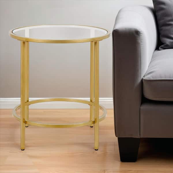 HomeRoots 20 in. Brass Round Glass End Table