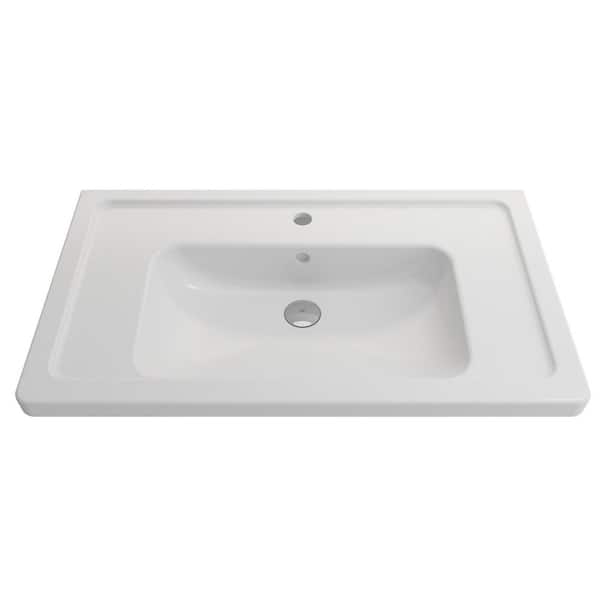 BOCCHI Taormina Matte White 33.75 in. 1-Hole Fireclay Rectangular Wall-Mounted Sink with Overflow