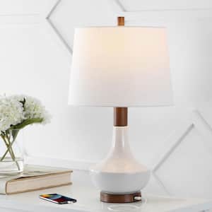 Finn 23 in. White/Brown Wood Finish Vintage Minimalist Iron/Ceramic LED Mini Table Lamp with USB Charging Port
