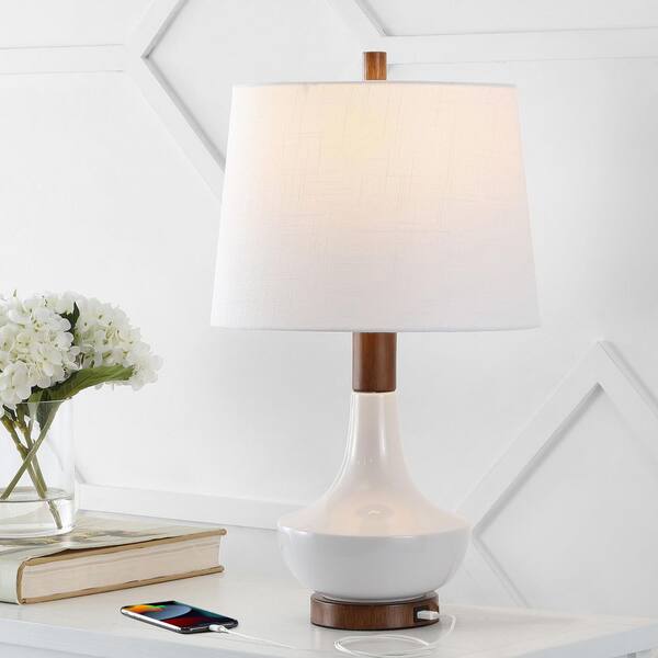 JONATHAN Y Finn 23 in. White/Brown Wood Finish Vintage Minimalist Iron/Ceramic LED Mini Table Lamp with USB Charging Port