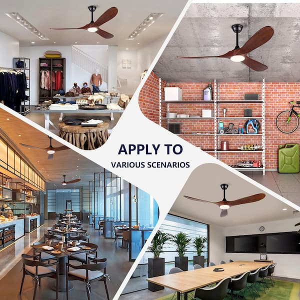 52 in. Indoor 3-Wood Blades Black Ceiling Fan with Light, Remote Control, Downroad Mount Leaf Ceiling Fans for Bedroom