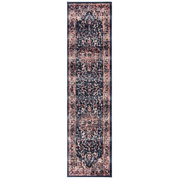 Charleston 2 ft. x 6 ft. Navy/Red Distressed Border Runner Rug