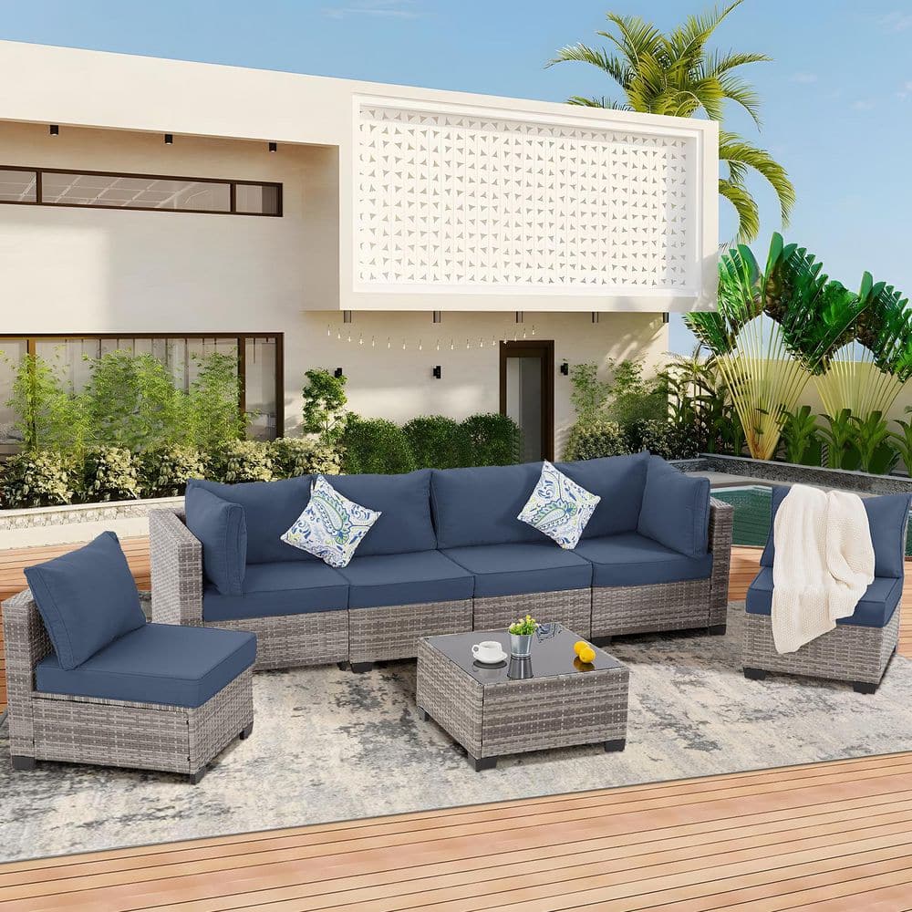 7 Gray Pieces Wicker Outdoor Sectional Set with Table and Blue Cushions price history on PriceWatchPro