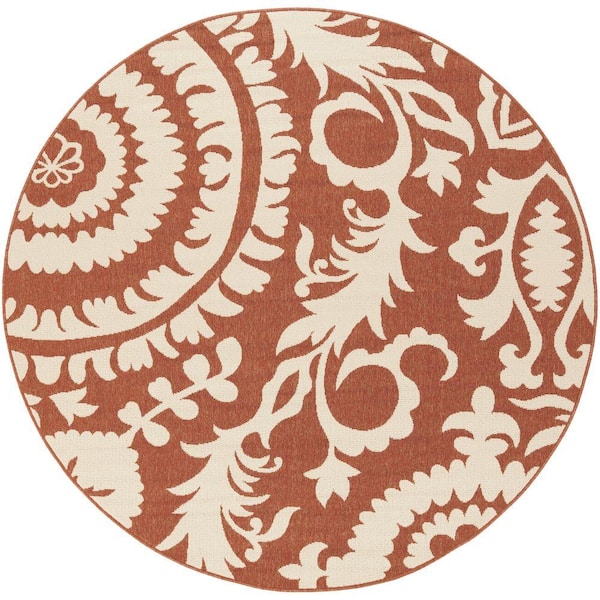 Big Pine Cherry 9 ft. x 9 ft. Round Indoor/Outdoor Patio Area Rug