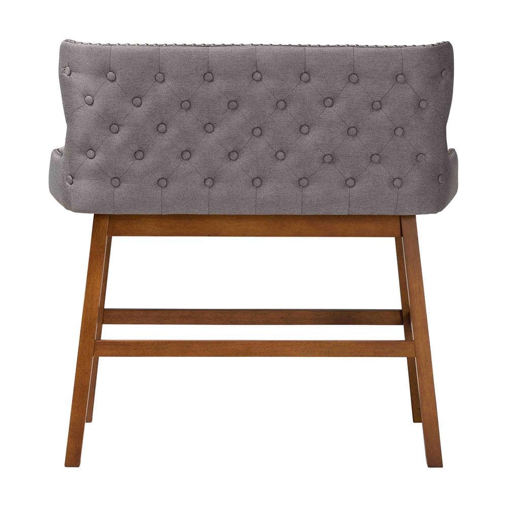 Gray Fabric Button-Tufted Bar Bench with Walnut Legs