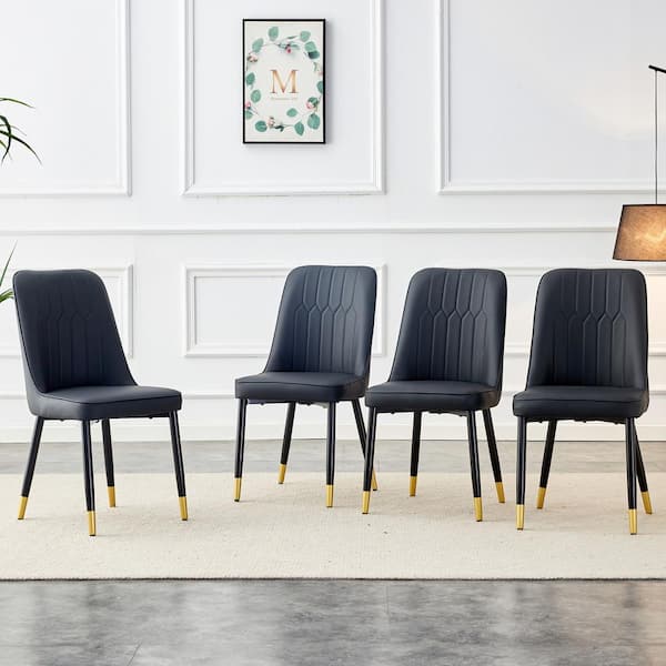 Polibi Black-2 PU Faux Leather High Back Upholstered Side Chair with Black/Gold Legs (Set of 4)
