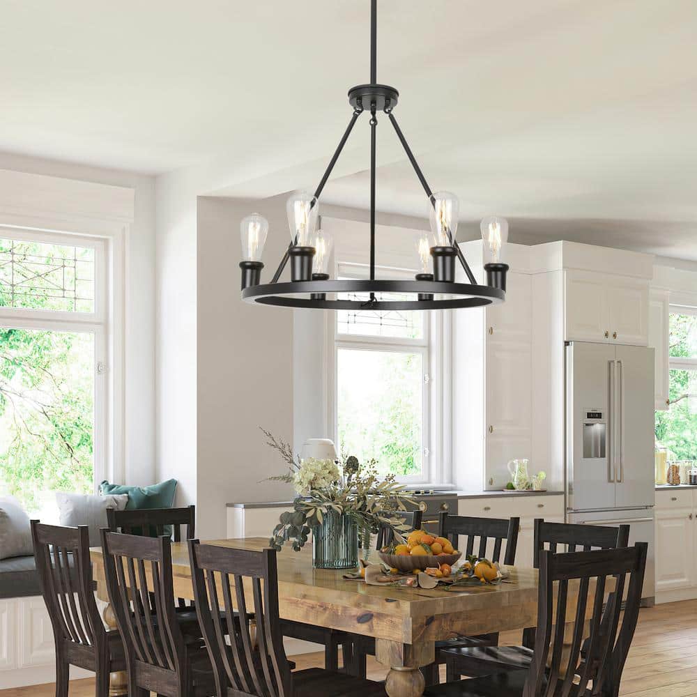 Matte Black Metal Wagon Wheel 6-Light Chandelier