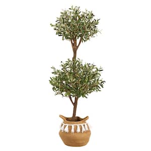 4.5 ft. Green Artificial Olive Double Topiary Tree with Handmade Jute and Cotton Basket with Tassels