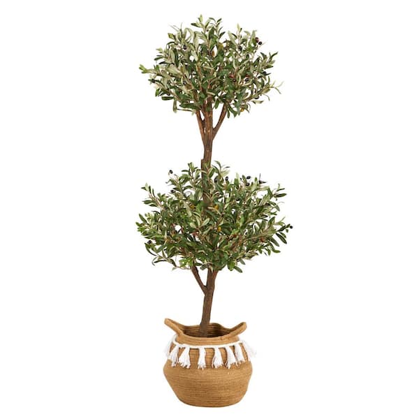 Nearly Natural 4.5 ft. Green Artificial Olive Double Topiary Tree with Handmade Jute and Cotton Basket with Tassels