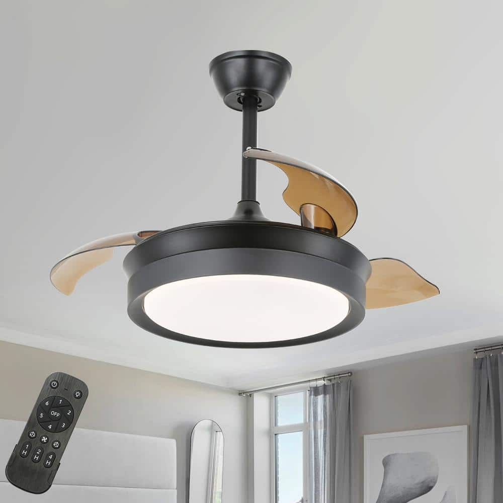 42 in. Indoor LED Black Retractable Blades Ceiling Fan with Dimmable Light and Remote 6-Speed Reversible Fandelier -  Bella Depot, DC4205-B