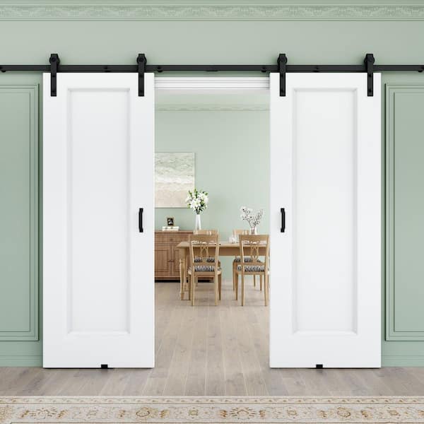 60 in. x 80 in. 1 Panel White Primed MDF Easy Install Sliding Barn Door with Hardware Kit for Bathroom Handle Included