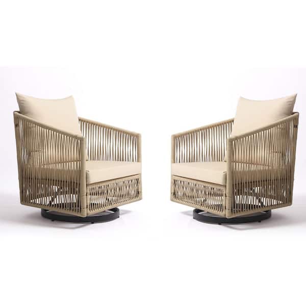 Uixe Khaki 3-Piece Metal Wicker Patio Conversation Set Outdoor Chairs and Coffee Table with Khaki Cushion