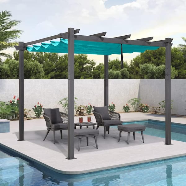 PURPLE LEAF 10 ft. x 10 ft. Gray Aluminum Frame Morden Pergola with Blue Retractable Sun Shade Canopy for Garden Grill