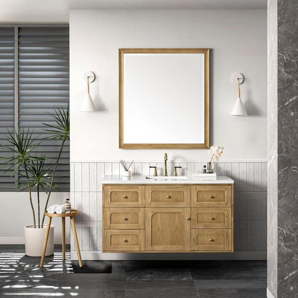 James Martin Vanities Laurent 48.0 in. W x 23.5 in. D x 34.2 in. H Bathroom Vanity in Light Oak with Arctic Fall Solid Surface Top