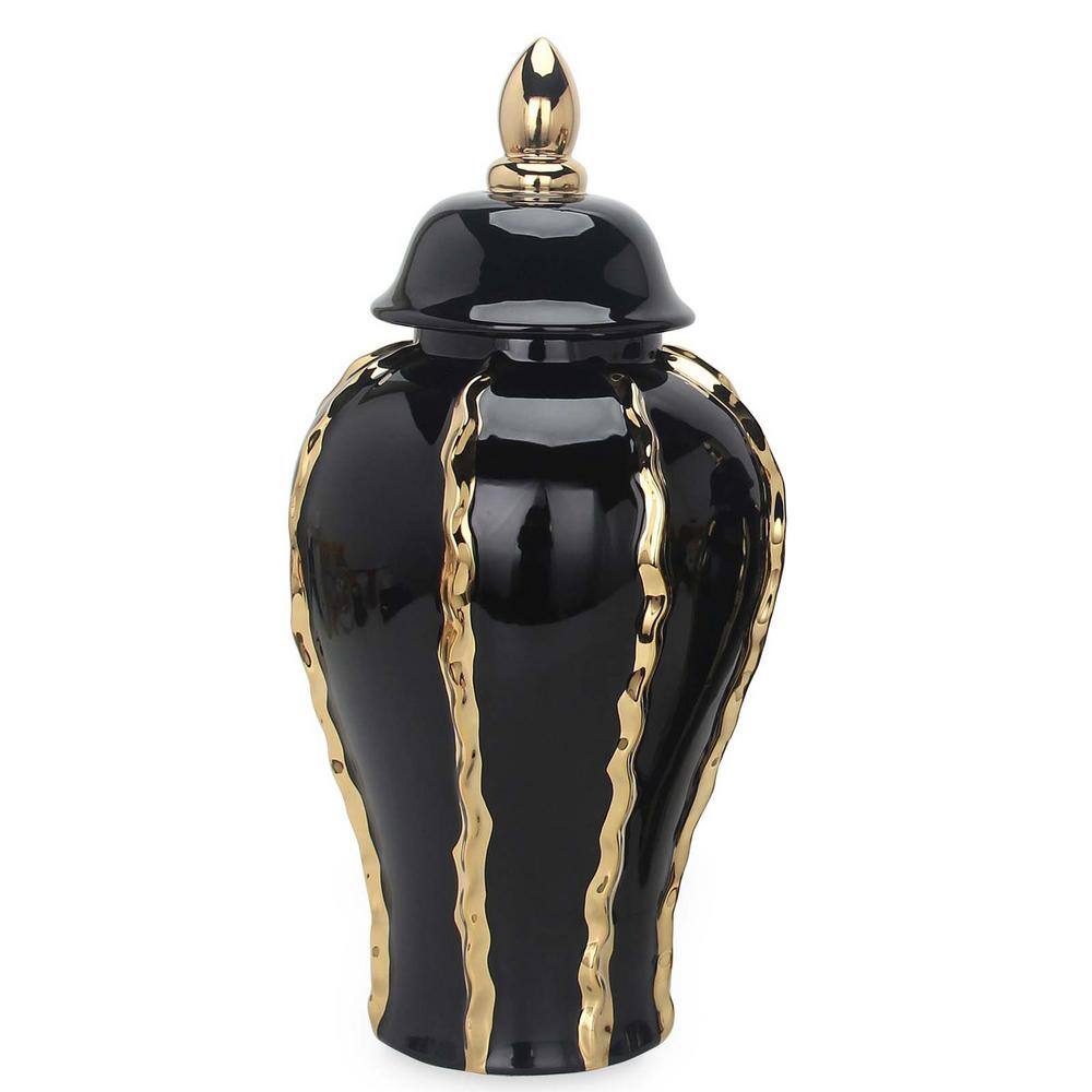 15.3 in. x 7 in. Elegant Black Ceramic Decorative Ginger Jar Vase with Gold