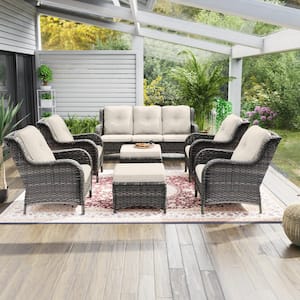 7-Piece Wicker Outdoor Patio Conversation Lounge Chair Sofa Set with Beige Cushions and Ottomans