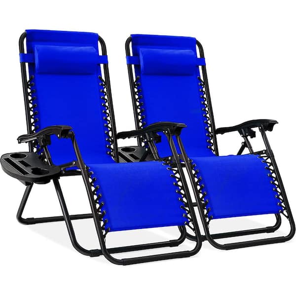 Unbranded Set of 2 Adjustable Steel Mesh Zero Gravity Lounge Chair Reclinerswith Pillows and Cup Holder Trays, Cobalt Blue