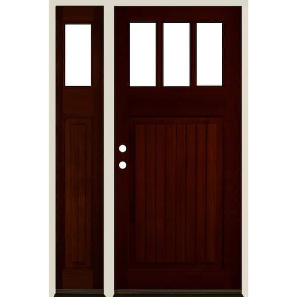 Krosswood Doors 50 in. x 80 in. Craftsman 3-Lite Clear Glass VG Red Mahogany Stain Right Hand Hemlock Wood Prehung Front Door w/LSL