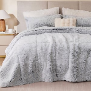 Leena 3-Pieced Black/White Polyester Full/Queen Shaggy Long Fur Comforter Set