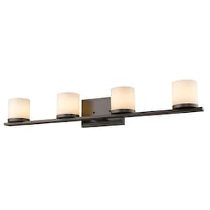 Nori 32 in. 4-Light Bronze Shaded Vanity Light with Matte Opal Glass Shade with Bulbs Included