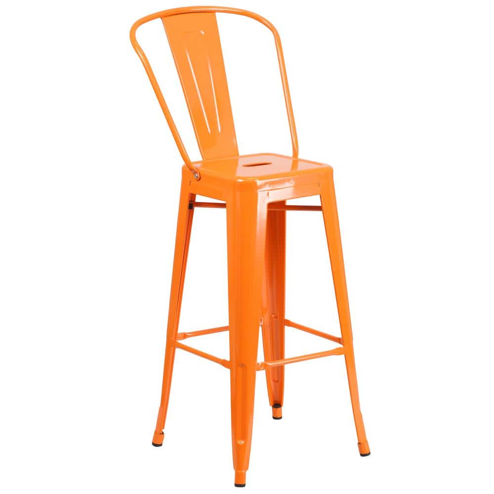 Bright Orange Metal 30" High Indoor-Outdoor Barstool with Slat Back